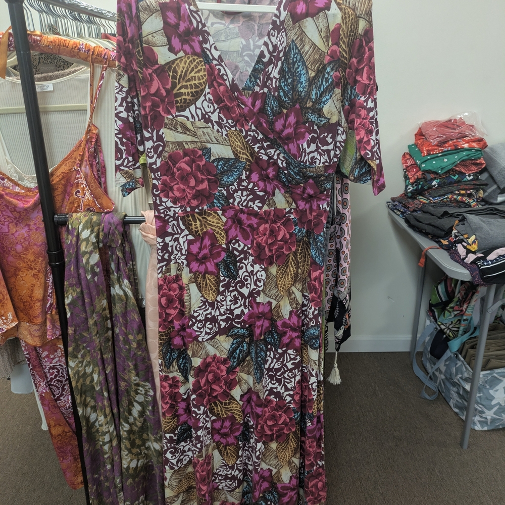 Soft Surroundings Floral Wrap Maxi Dress in Plum, Teal and Cream